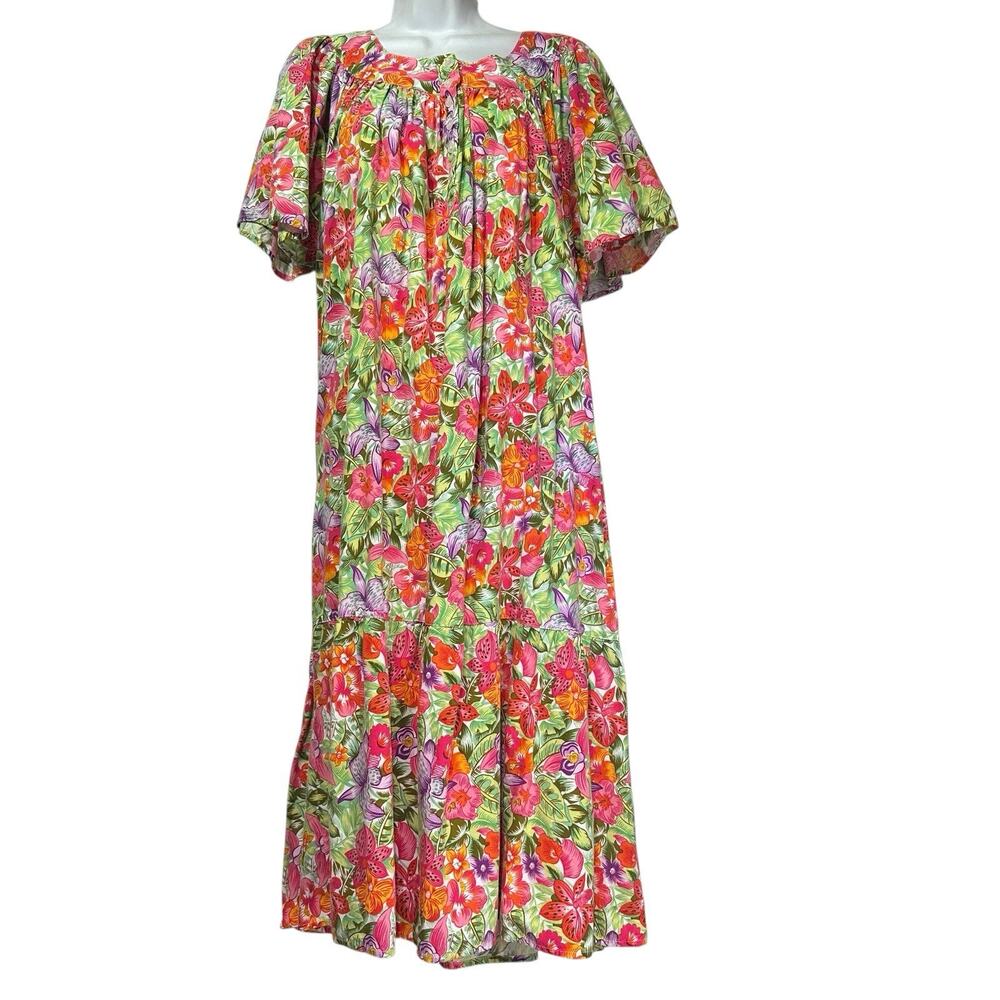 Jennifer Moore Hawaiian Dress Maxi Med Mumu Bright Tropical Vintage 80s Size M